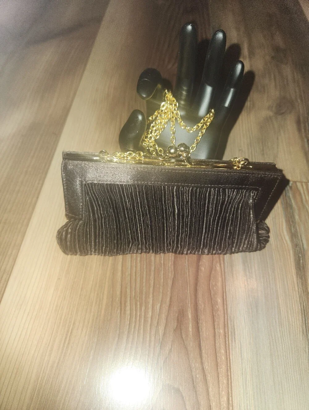 La Regale Elegant Black Pleated Evening Clutch with Gold Chain